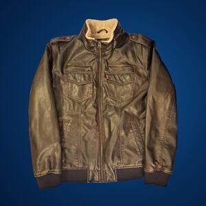 Mens Levi's Brown Faux Leather Sherpa Lined Jacket with Zipper Pockets SZ Large